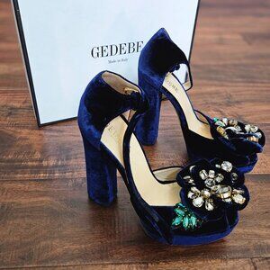 Gedebe Italian Olimpia Blue Platform Sandal Block Heel Crystal Women's Shoe 5.5